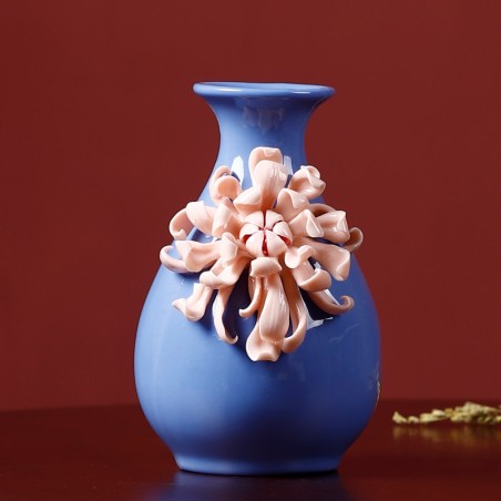 Blue handmade low ceramic vase